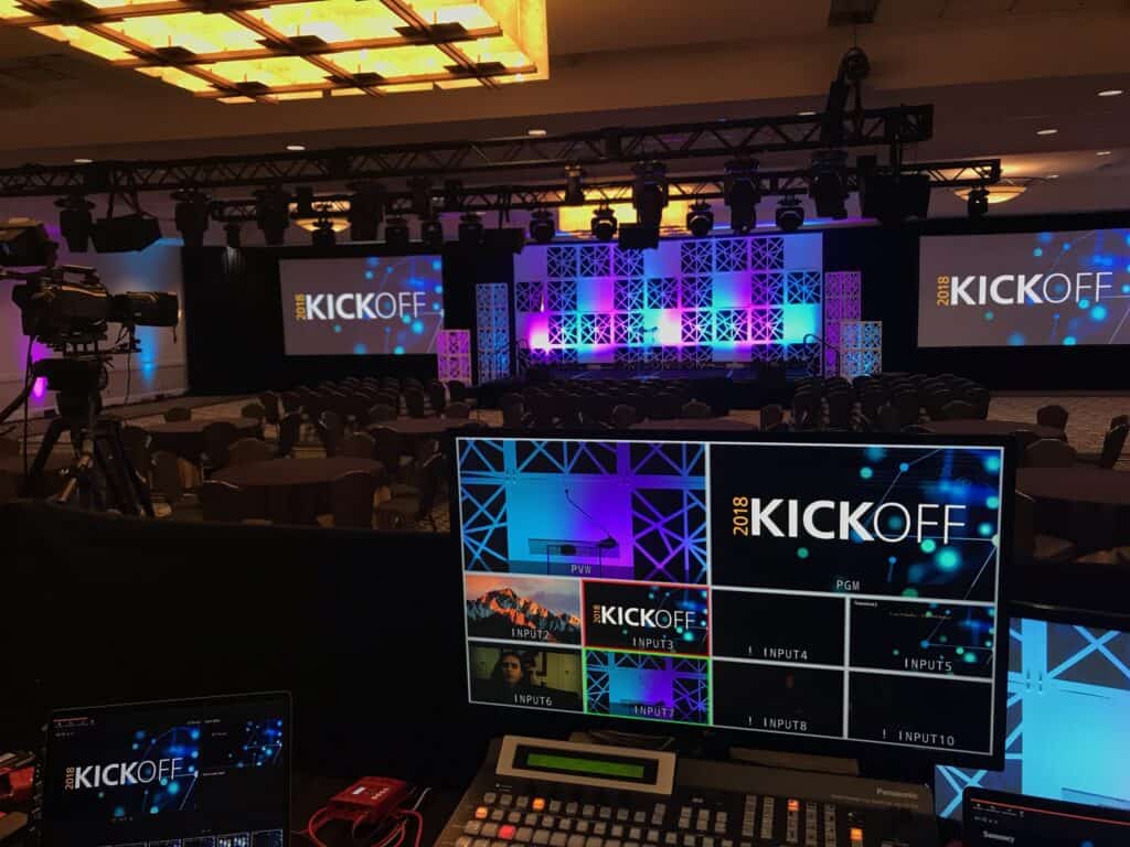 Sheraton Carlsbad event room filled with screen projectors, rig lighting, and scenic uplights