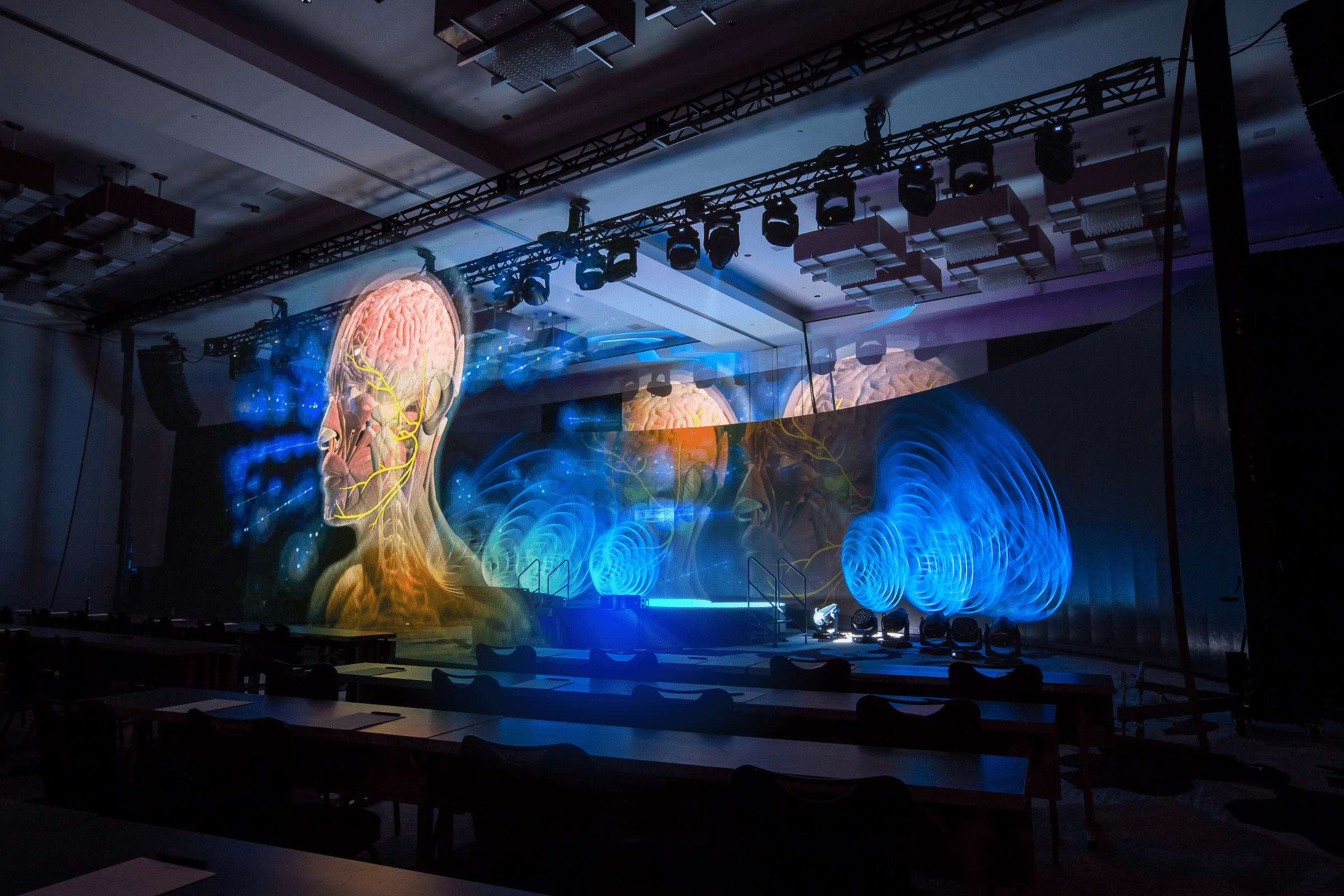 Hologram of human head and brain show in empty conference room in preparation for a medical industry corporate event.