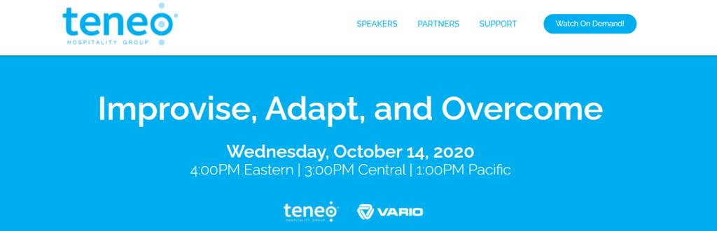 Screenshot showing a branded landing page for a Teneo corporate event, displaying the event title, date, and location.