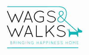 Wags and Walks, Bringing Happines Home logo in teal and black