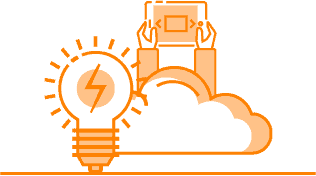 Orange and white illustration of how a light bulb represents formation of ideas in a person while browing their tablet