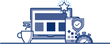 Blue and white illustration of a cup of hot coffee beside a laptop, smartphone, and alarm clock