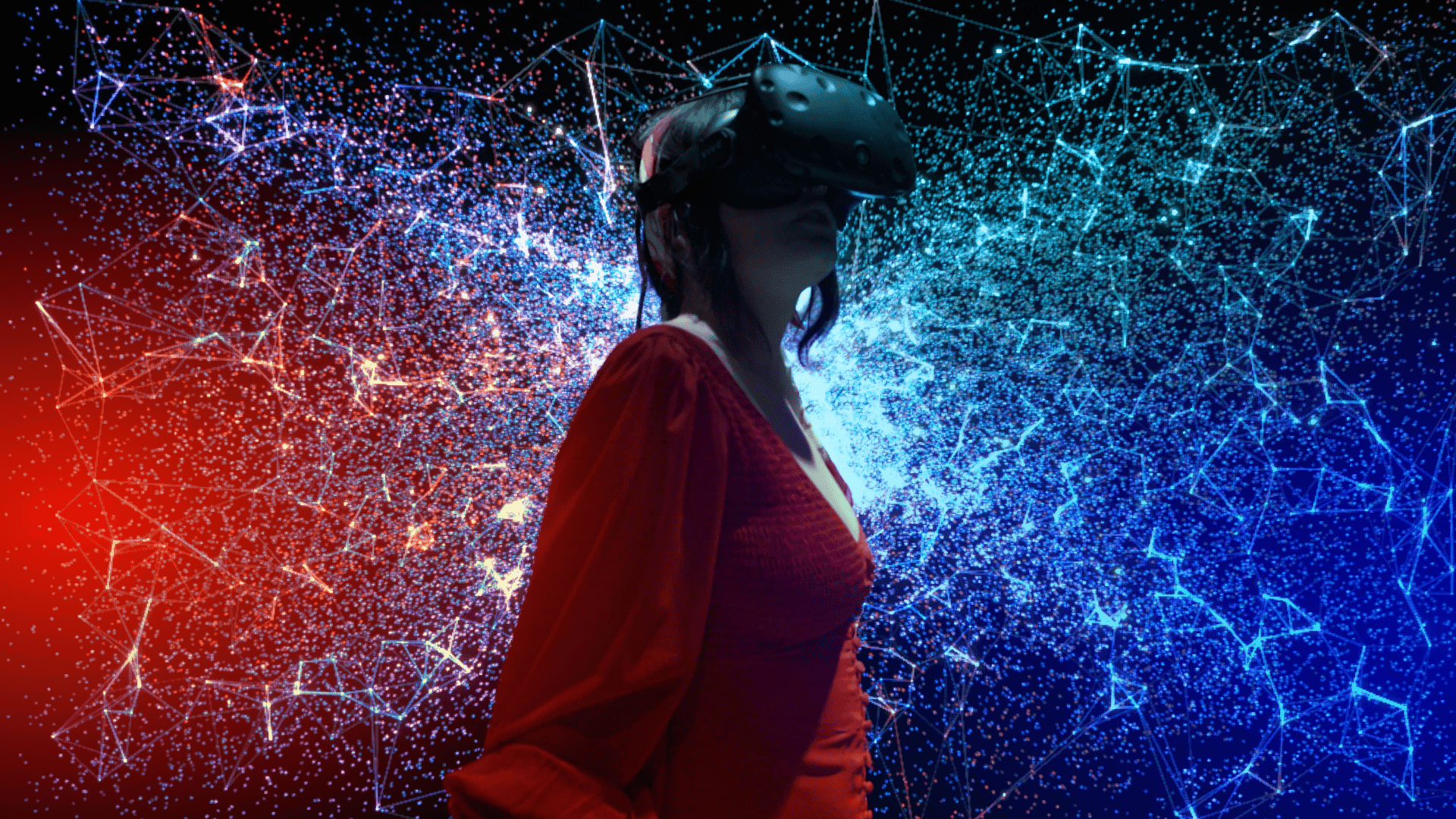 Woman wearing a virtual reality device on her head in front of a blue and red background