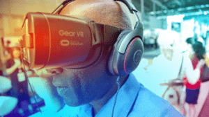 Man testing out a GEAR VR headgear during an event