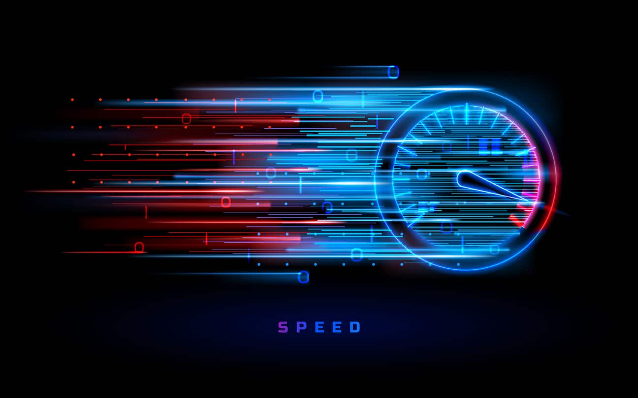 Illustration of a round indicator of web speed with the red and blue lights indicating the download progress bar