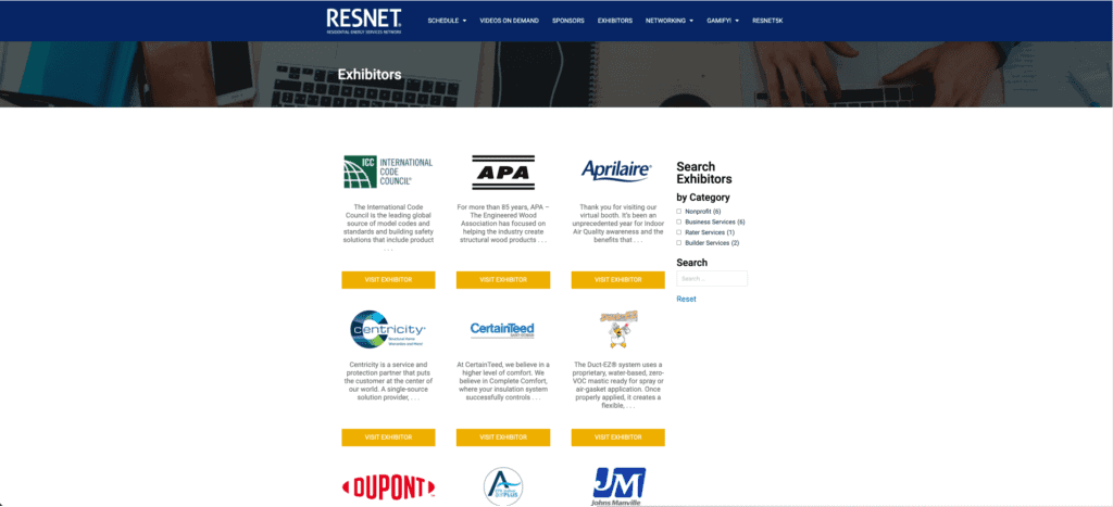 List of RESNET Conference exhibitors shown on a computer screen in the event platform.