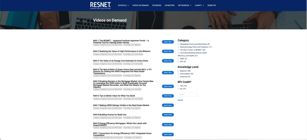 RESNET Conference videos-on-demand section of the event platform.