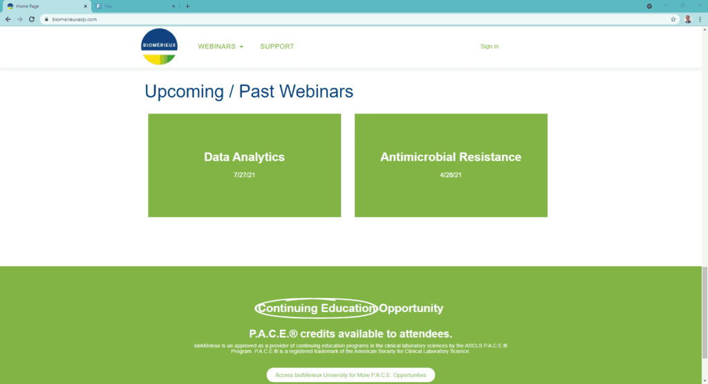 A computer screenshot of past and upcoming virtual webinars offered by BioMérieux.